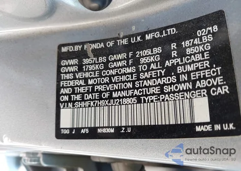 2018 Honda Civic Sport Touring from USA, damaged, VIN SHHFK7H9XJU218805